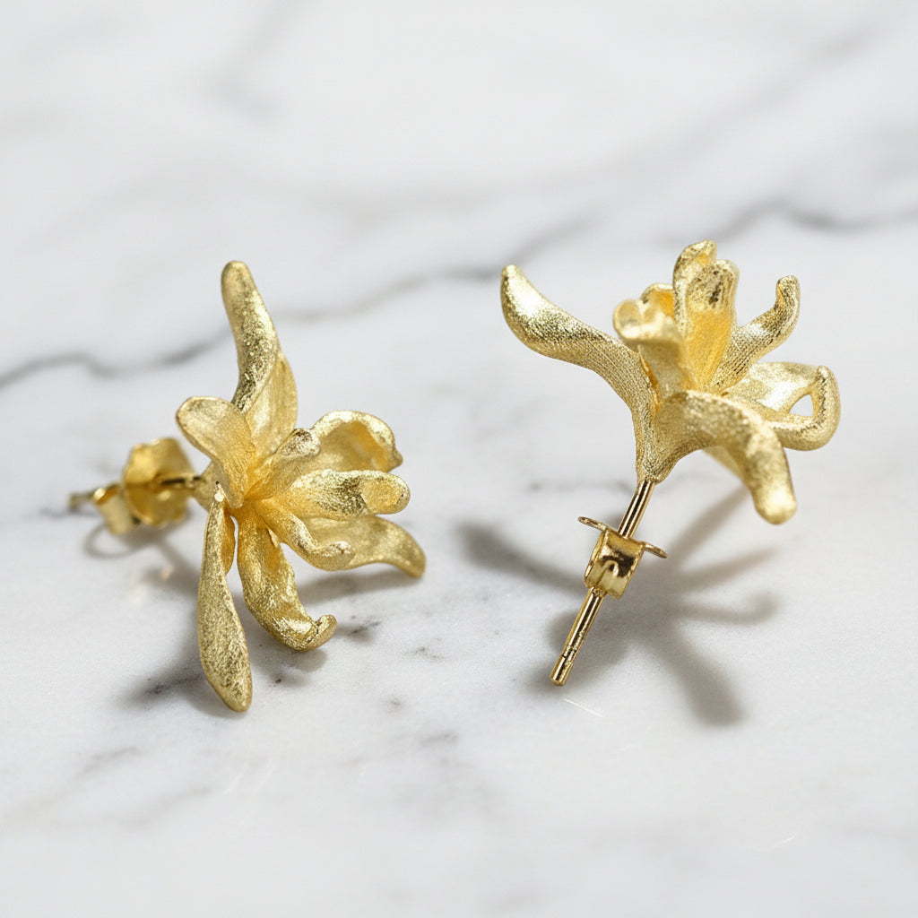 Elegant Iris Flower Stud Earrings-Black Diamonds New York