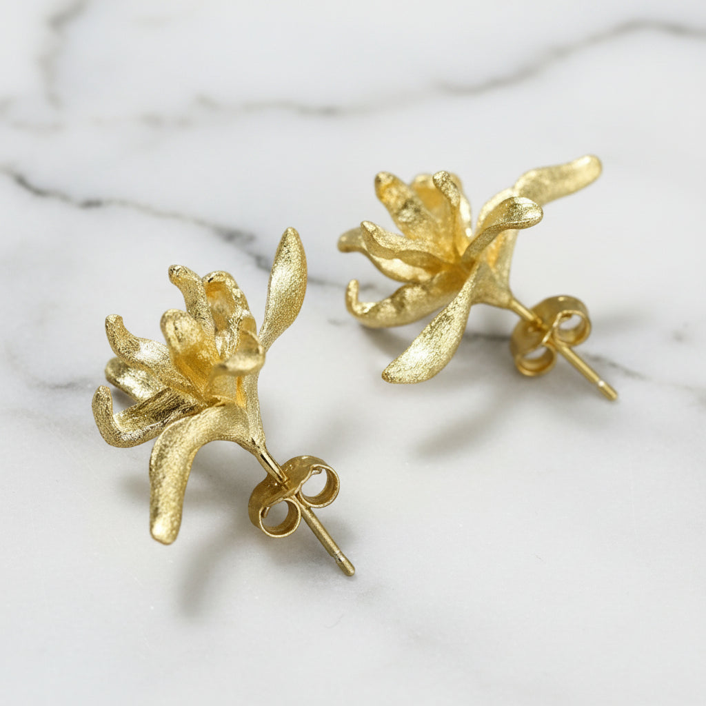 Elegant Iris Flower Stud Earrings-Black Diamonds New York