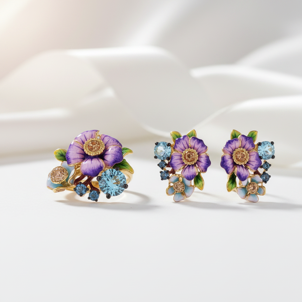 Elegant Purple Enamel Flower with Diamond Option Jewelry Set-Black Diamonds New York