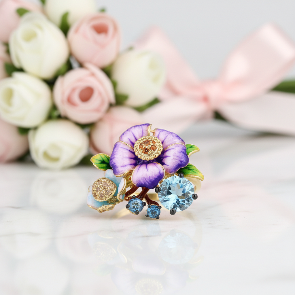 Elegant Purple Enamel Flower with Diamond Option Jewelry Set-Black Diamonds New York