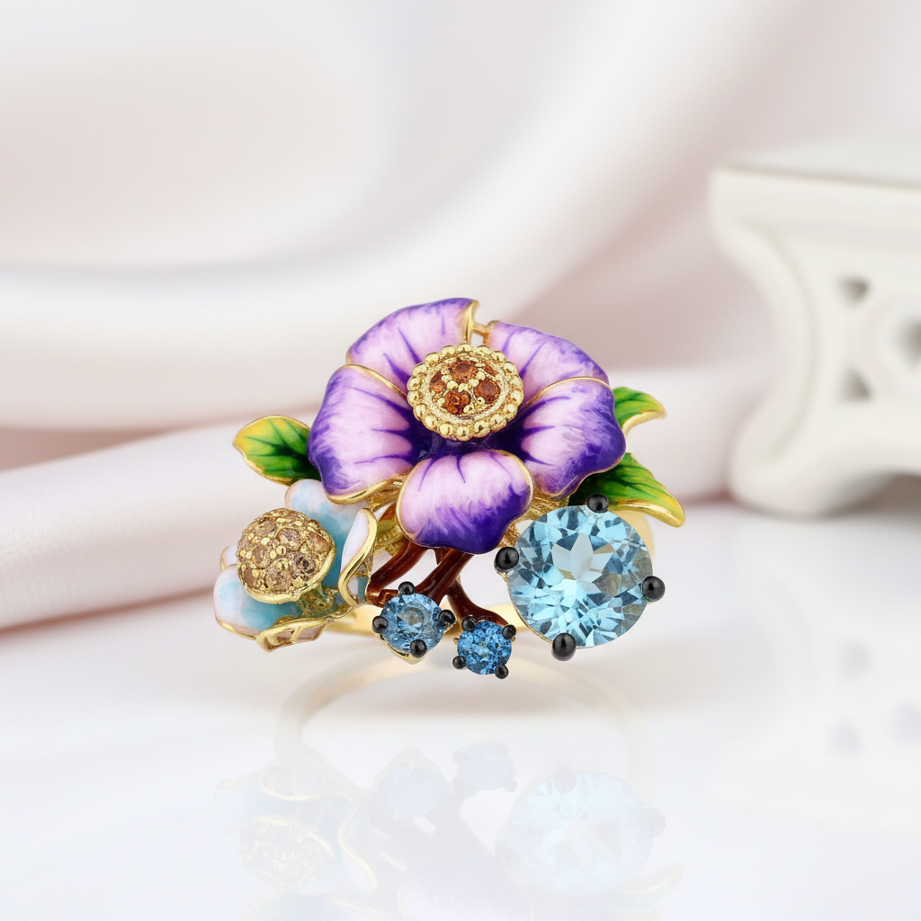 Elegant Purple Enamel Flower with Diamond Option Jewelry Set-Black Diamonds New York