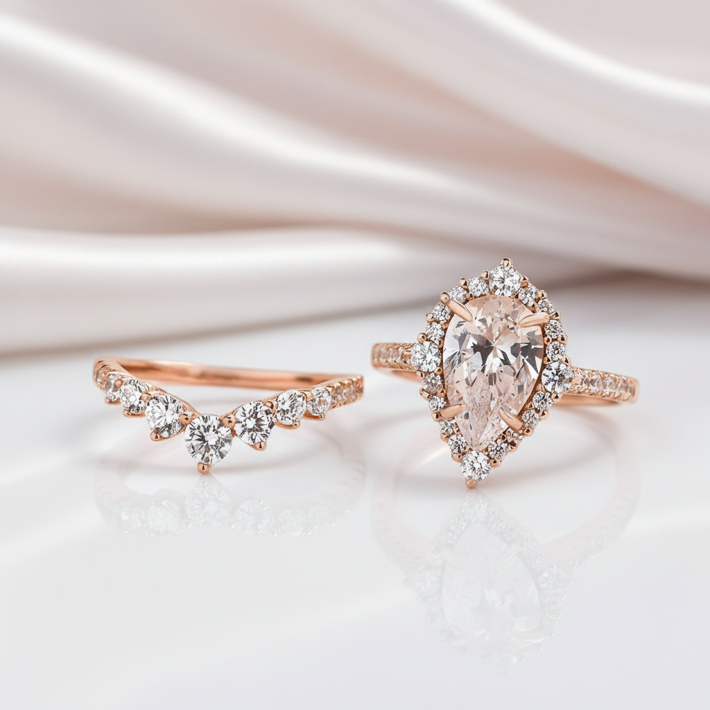 Elegant Rose Gold 2.2 Carat Halo Pear Cut Bridal Ring Set-Black Diamonds New York