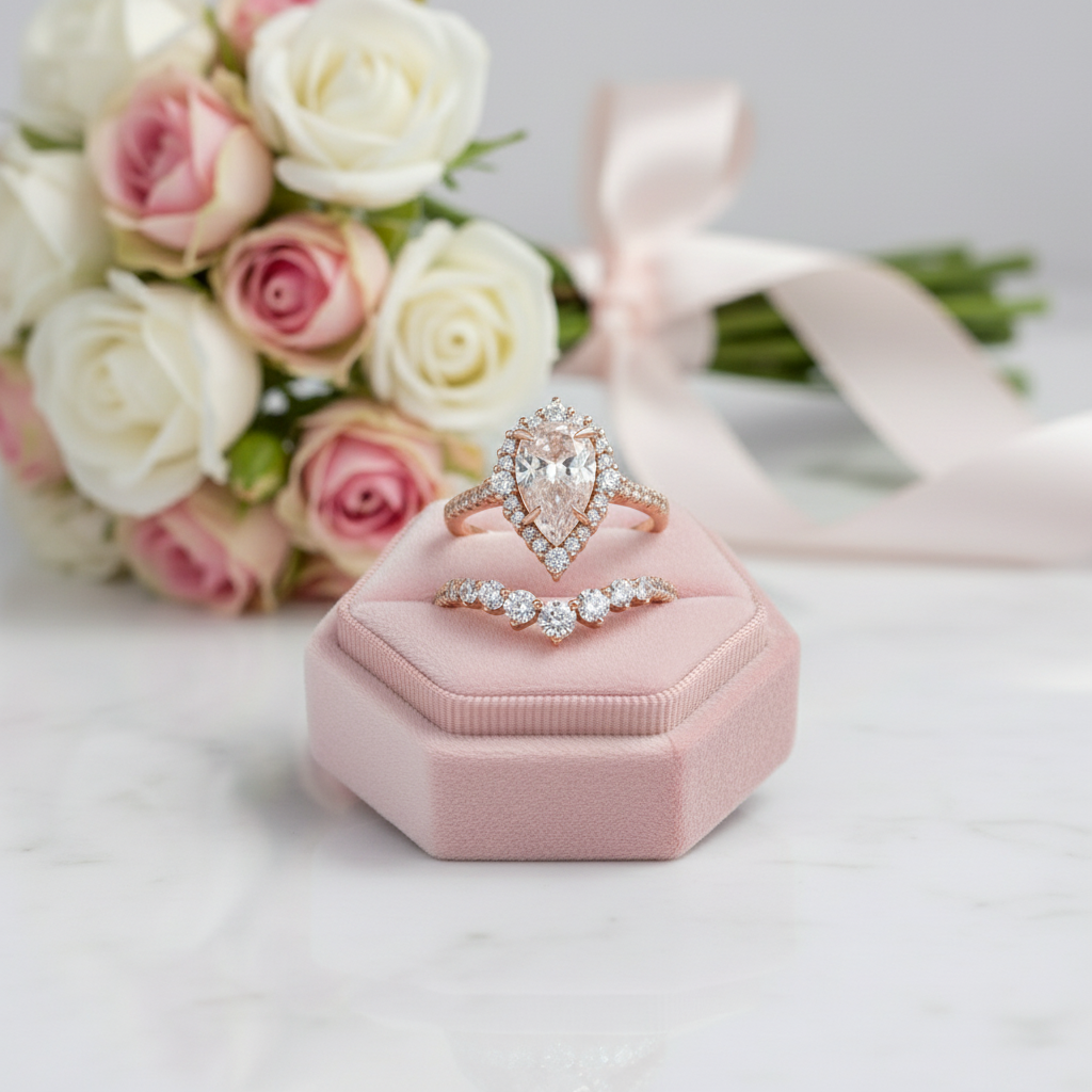 Elegant Rose Gold 2.2 Carat Halo Pear Cut Bridal Ring Set-Black Diamonds New York