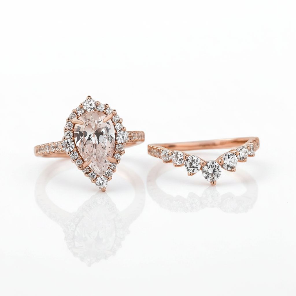 Elegant Rose Gold 2.2 Carat Halo Pear Cut Bridal Ring Set-Black Diamonds New York