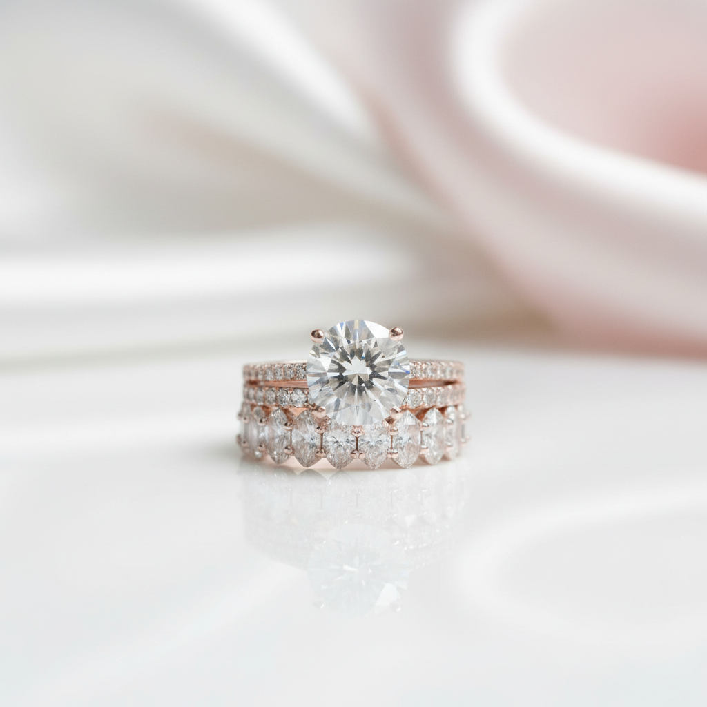 Elegant Rose Gold Round Cut 3PC Wedding Set-Black Diamonds New York