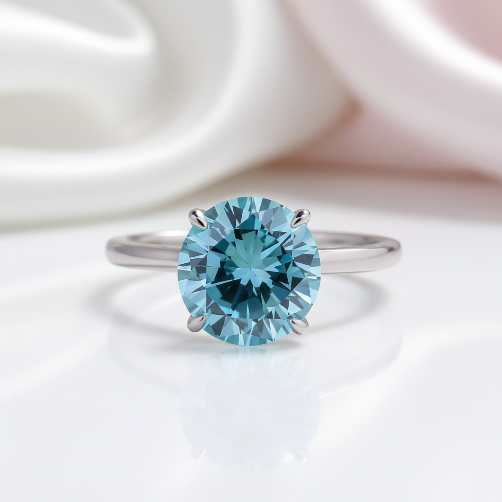 Elegant Round Cut Light Aquamarine Blue Engagement Ring-Black Diamonds New York