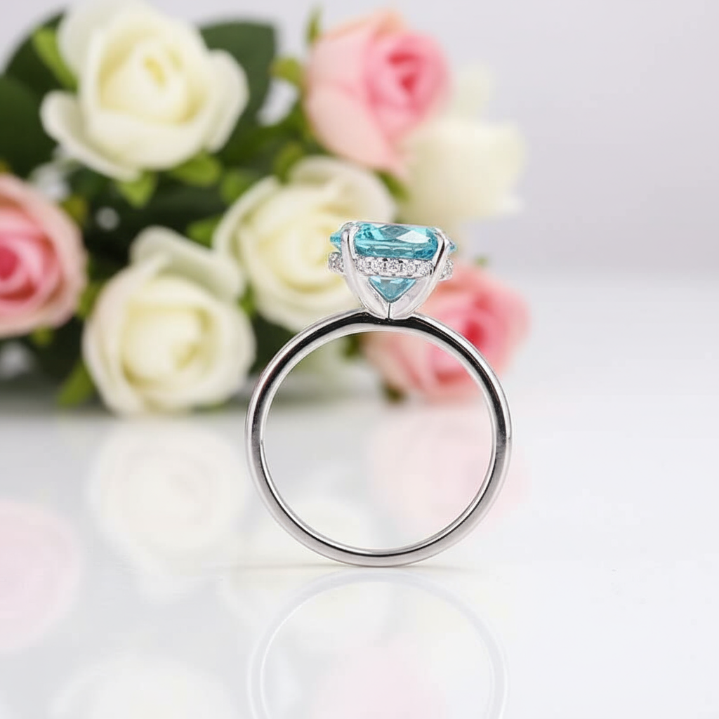 Elegant Round Cut Light Aquamarine Blue Engagement Ring-Black Diamonds New York