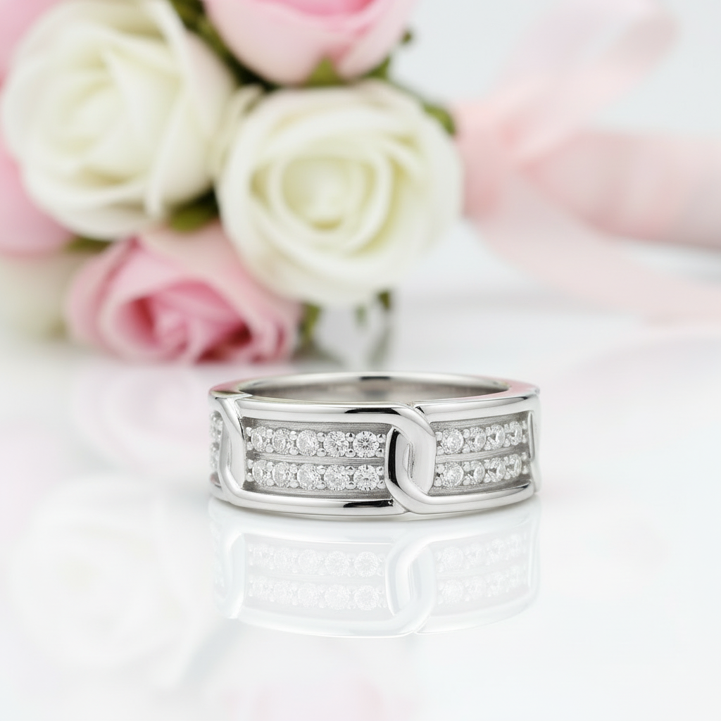 Silver ring with diamonds on a white surface with pink and white roses in the background