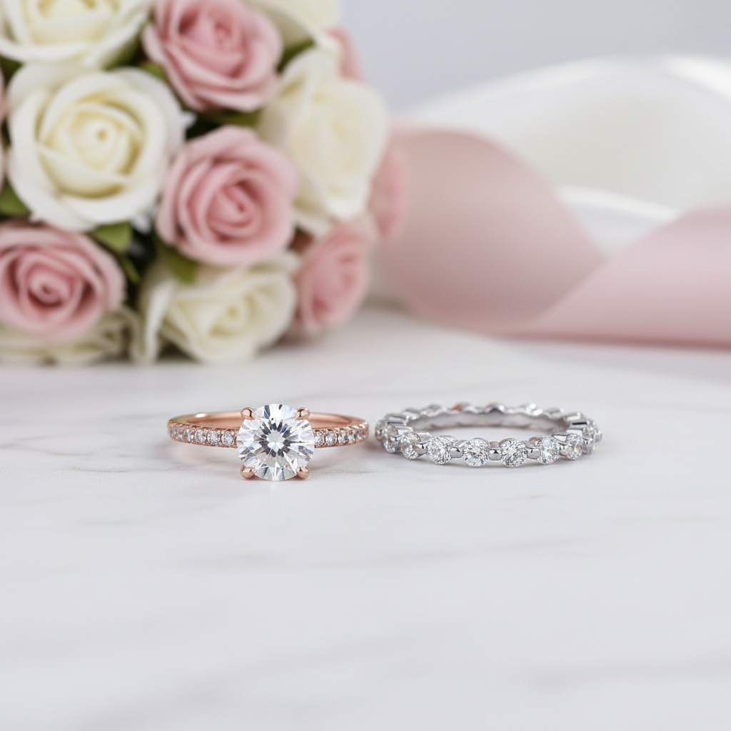Elegant Two Tone Classic Round Cut Wedding Set-Black Diamonds New York