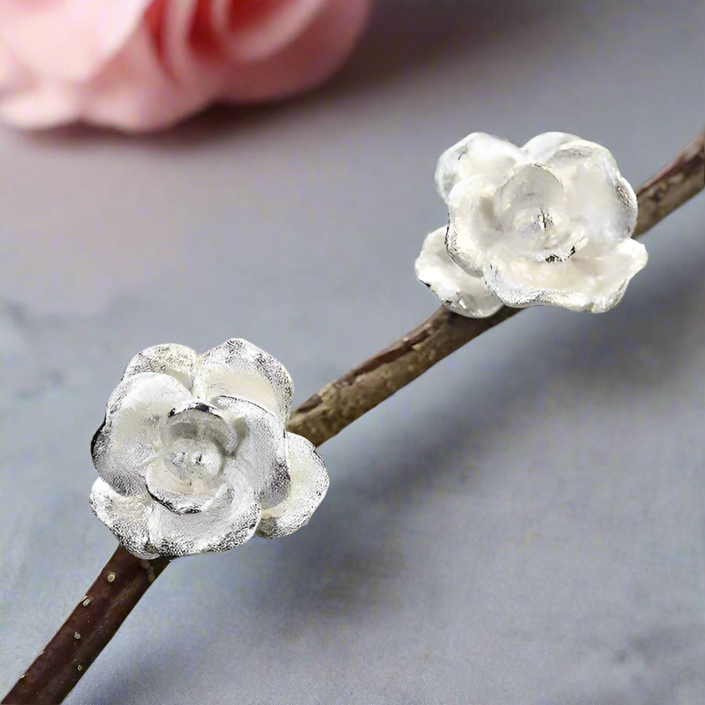 Elegant Vintage Camellia Flower Stud Earrings-Black Diamonds New York