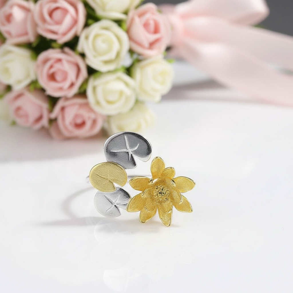 water lily artificial flower Elegant Water Lily Flower Adjustable Ring 925 Silver+White Gold Overlay
