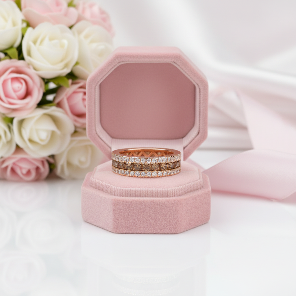 Two rings in a pink velvet box with flowers in the background