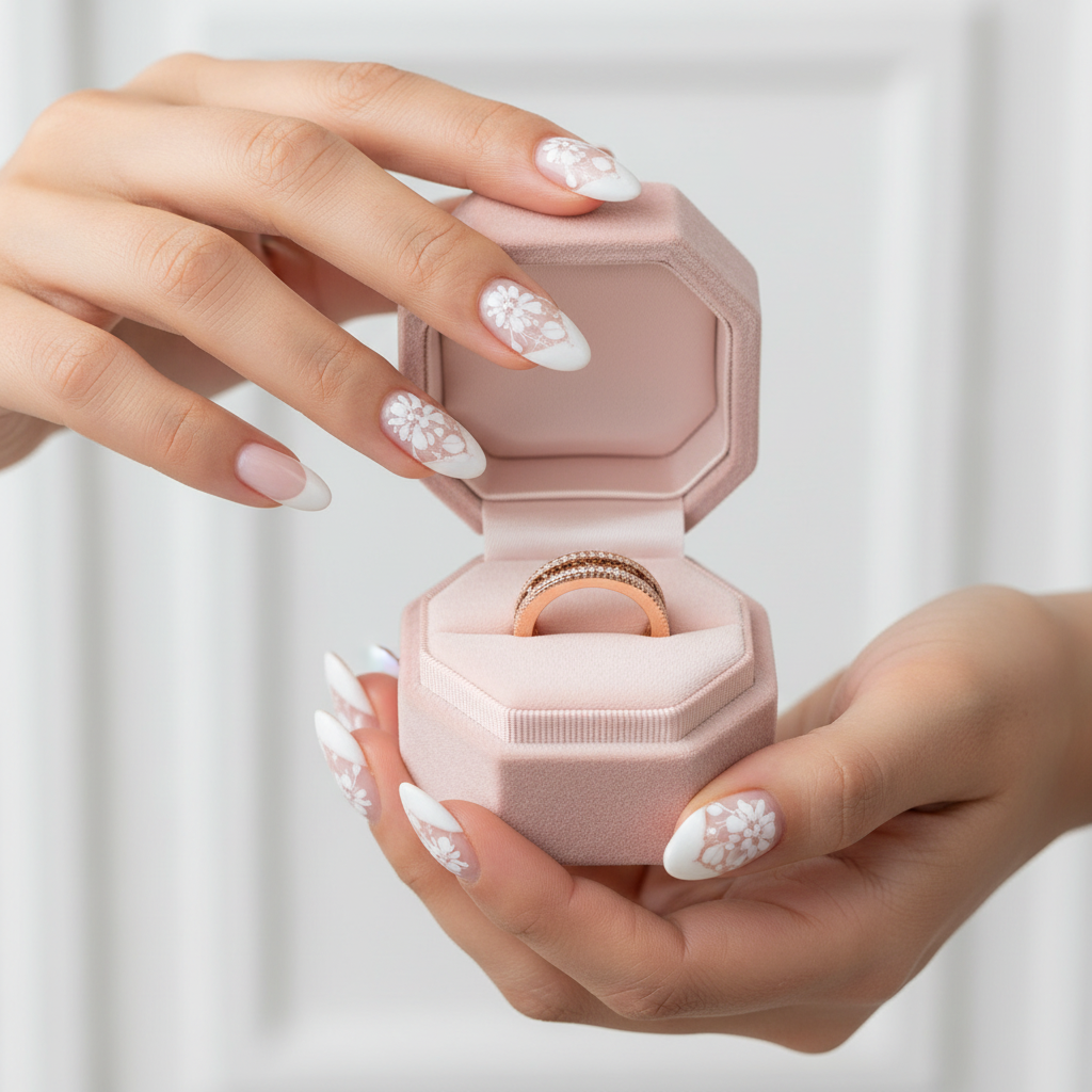 Pink jewelry box with a ring held by a hand against a light background