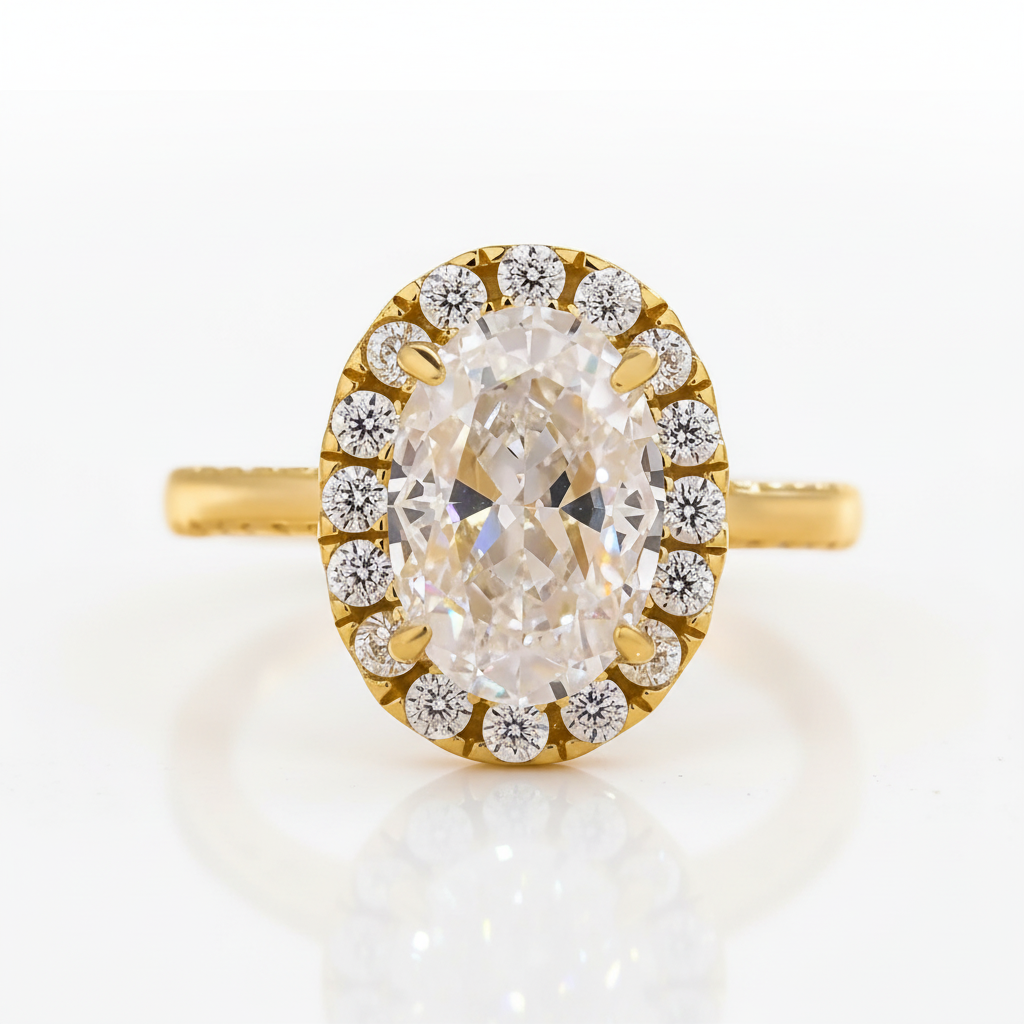 Elegant Yellow Gold Oval Cut Halo Engagement Ring 925 Silver+Yellow Gold/Moissanite / 6