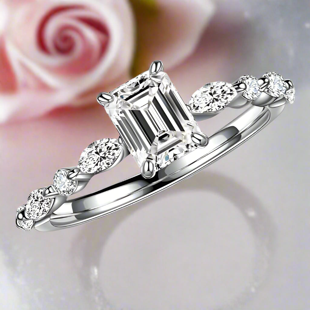 Emerald and Marquise Cut Diamond Engagement Ring-Black Diamonds New York