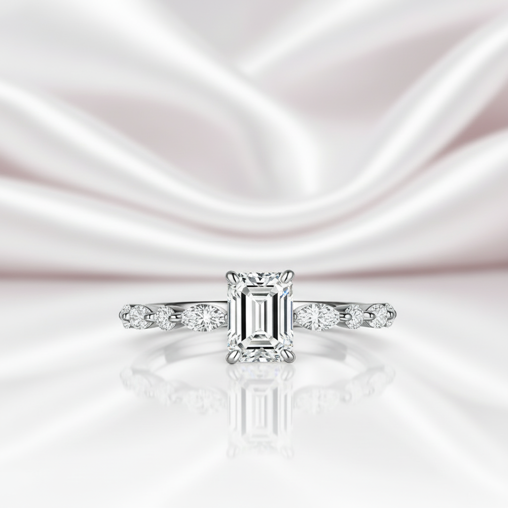 Emerald and Marquise Cut Diamond Engagement Ring-Black Diamonds New York