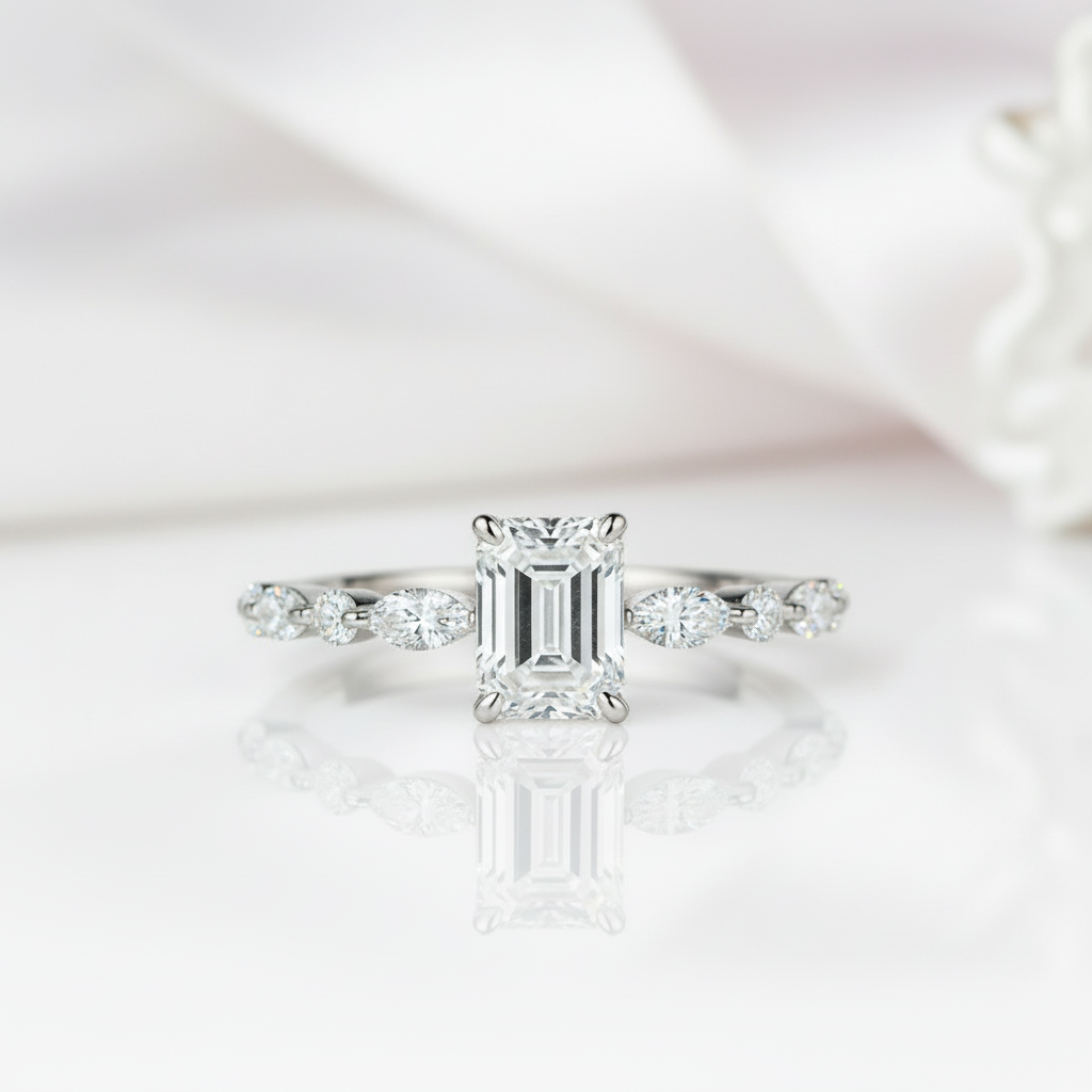 Emerald and Marquise Cut Diamond Engagement Ring-Black Diamonds New York