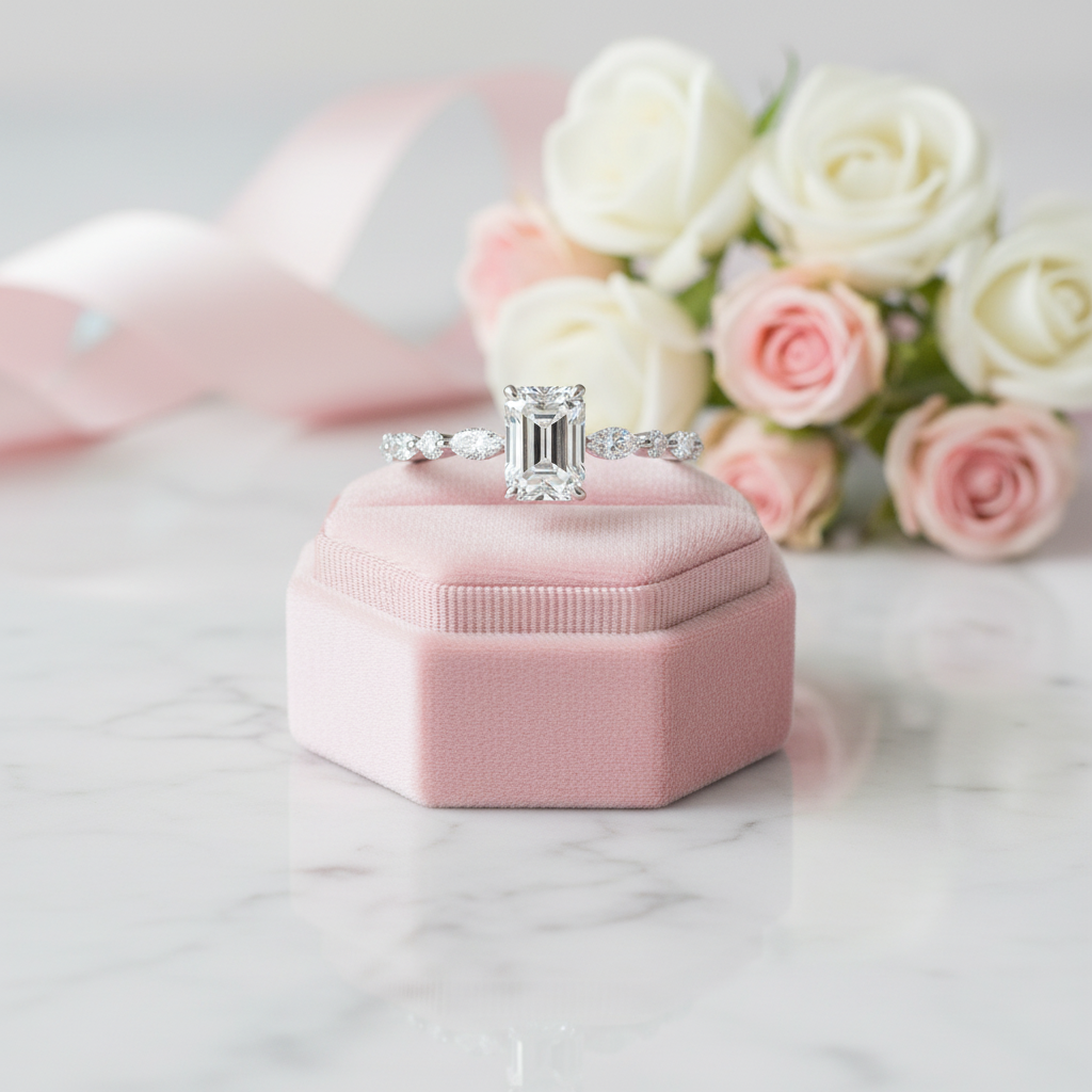 Emerald and Marquise Cut Diamond Engagement Ring-Black Diamonds New York