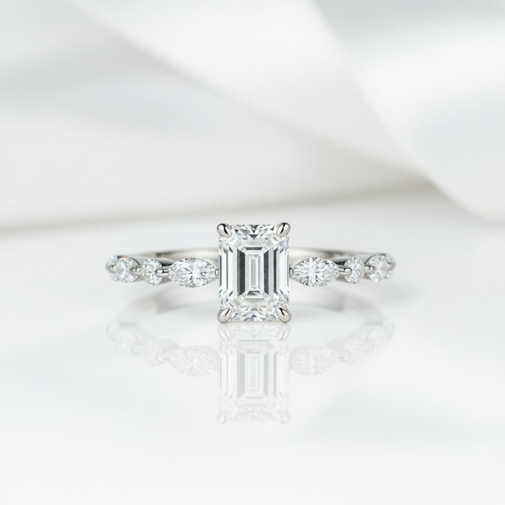 Emerald and Marquise Cut Diamond Engagement Ring-Black Diamonds New York