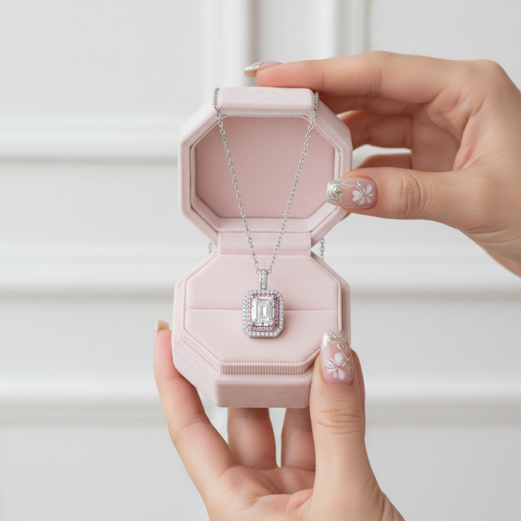 Pink jewelry box with a necklace and earrings held by a hand against a white background
