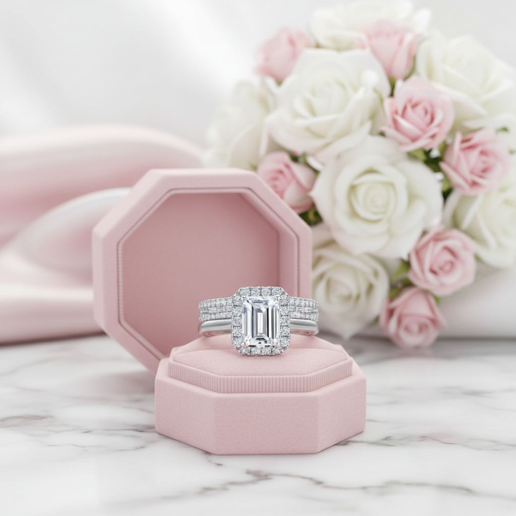 Emerald Cut Diamond Option White Gold Engagement Ring Set-Black Diamonds New York