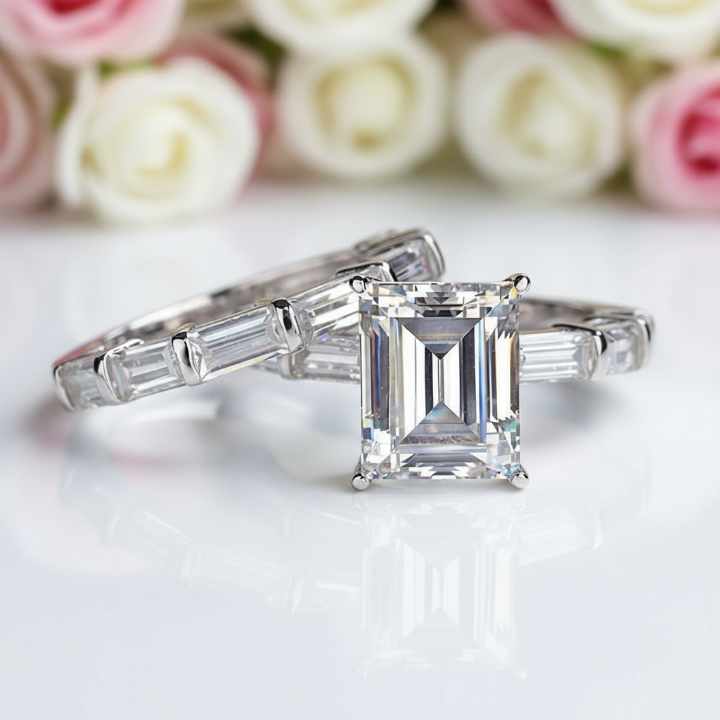 Emerald Cut Ruby Vintage Wedding Ring Set-Black Diamonds New York