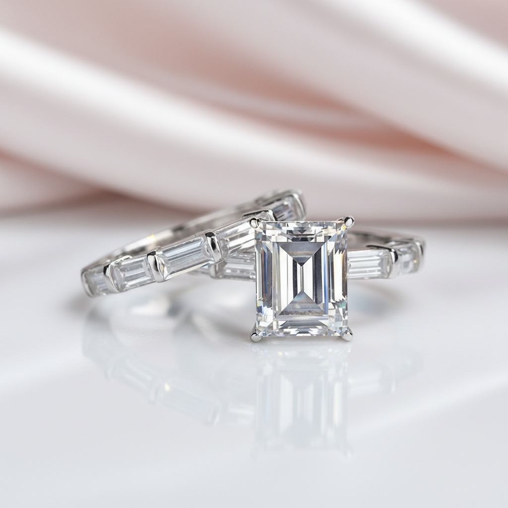Emerald Cut Ruby Vintage Wedding Ring Set-Black Diamonds New York