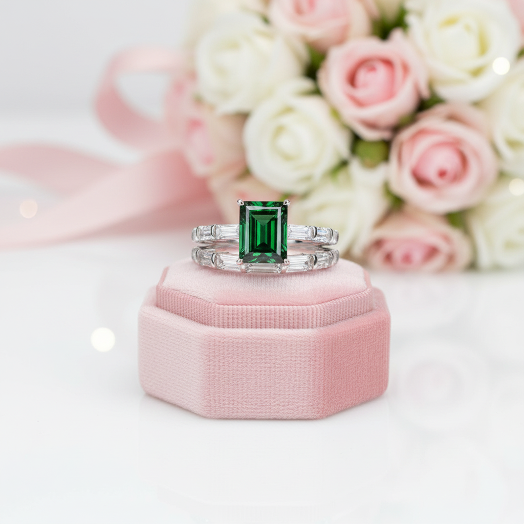 Emerald Cut Ruby Vintage Wedding Ring Set-Black Diamonds New York