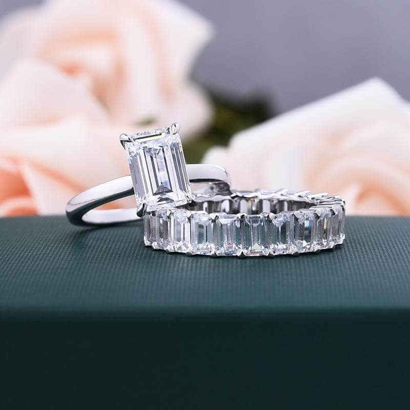 Flash Sale - Emerald Cut Solitaire Diamond Wedding Ring Set-Black Diamonds New York