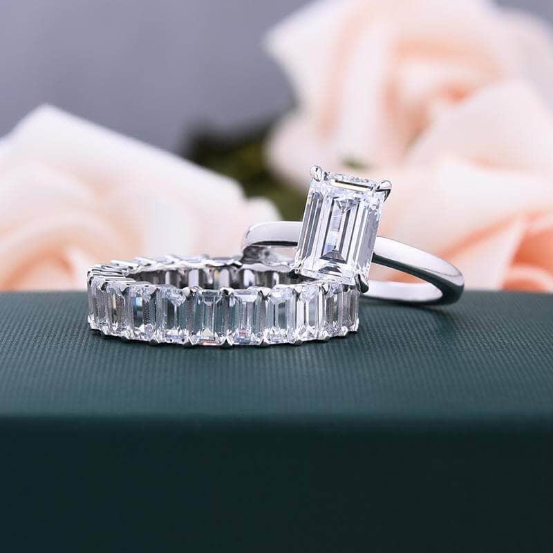 Flash Sale - Emerald Cut Solitaire Diamond Wedding Ring Set-Black Diamonds New York