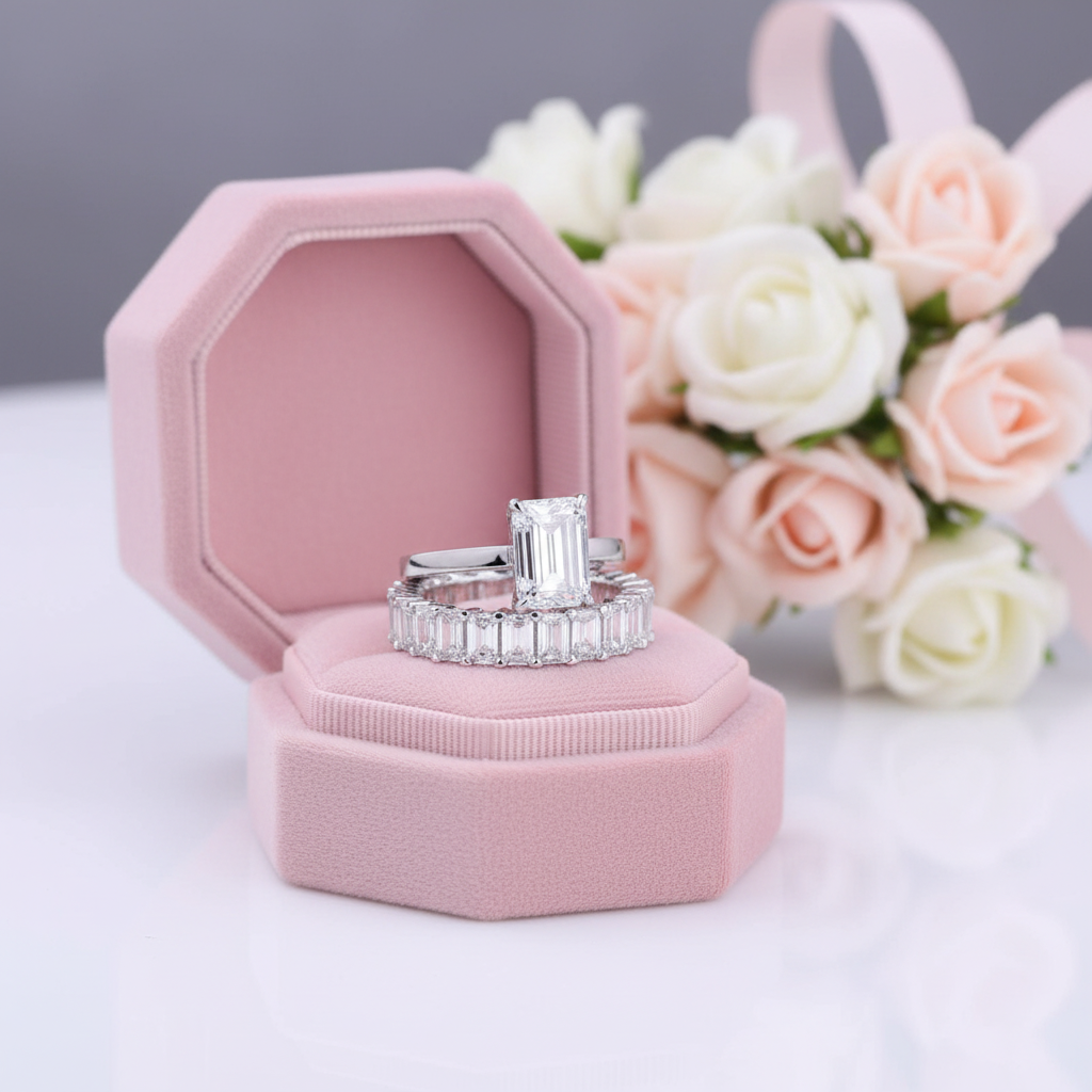 Emerald Cut Solitaire Diamond Option Wedding Ring Set-Black Diamonds New York