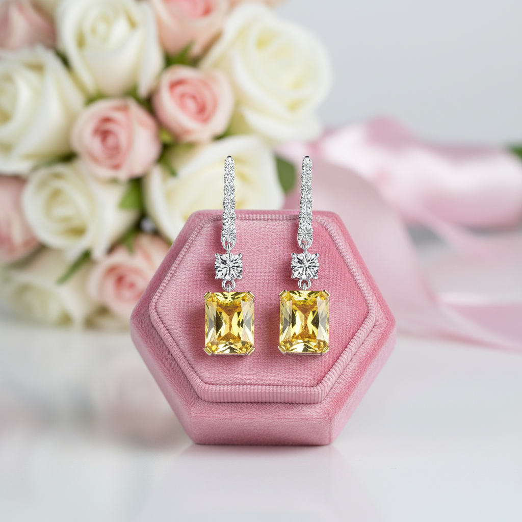 Emerald Cut Diamond Option Yellow Sapphire Drop Earrings-Black Diamonds New York