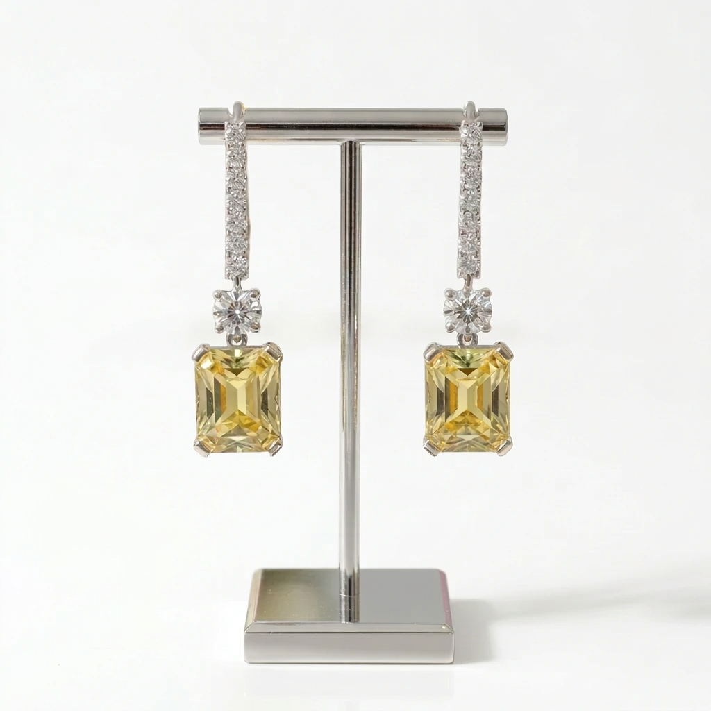 Emerald Cut Diamond Option Yellow Sapphire Drop Earrings-Black Diamonds New York