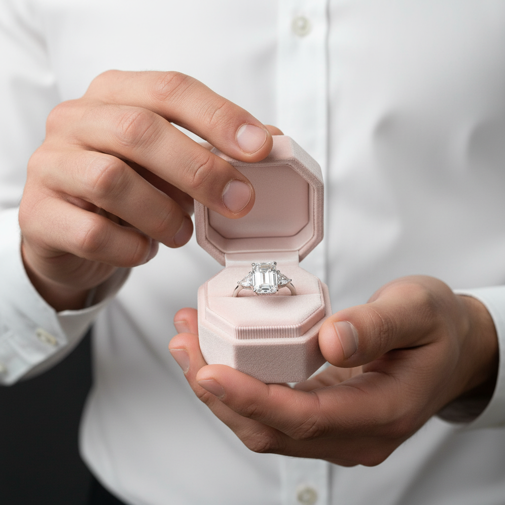 Emerald Cut White Sapphire Three Stone Engagement Ring-Black Diamonds New York