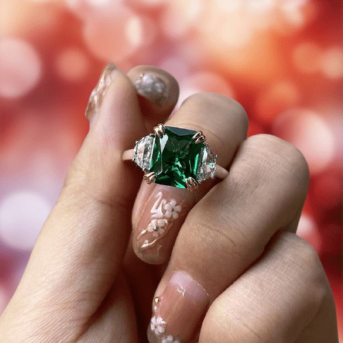 Emerald Green Cushion Cut Three Stone Engagement Ring - Black Diamonds New York