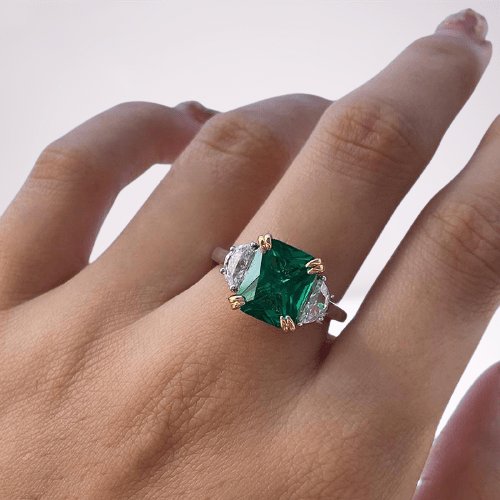 Flash Sale- Emerald Green Cushion Cut Three Stone Engagement Ring-Black Diamonds New York