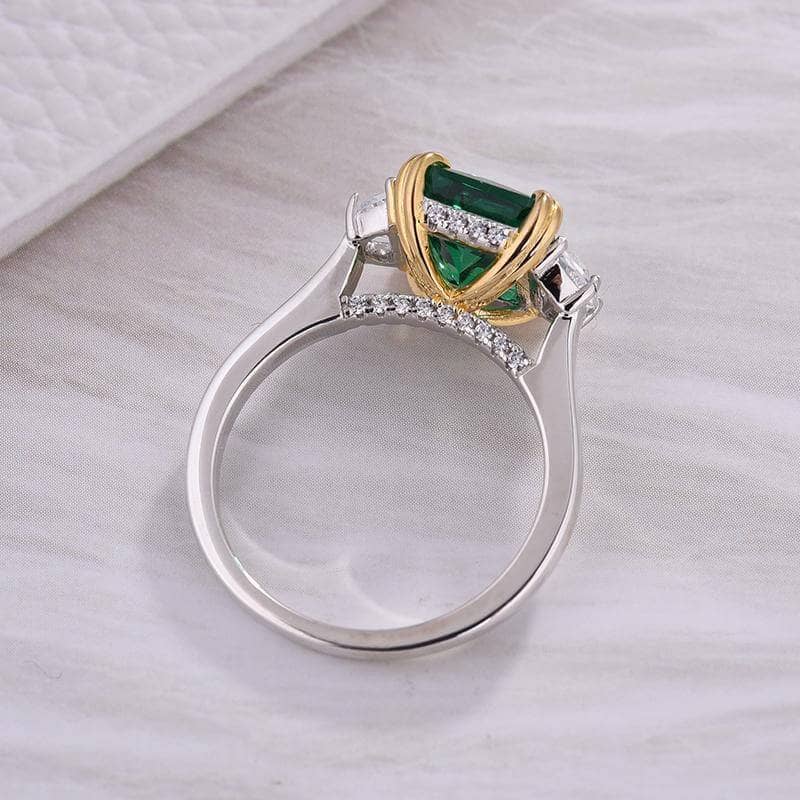 Flash Sale- Emerald Green Cushion Cut Three Stone Engagement Ring-Black Diamonds New York