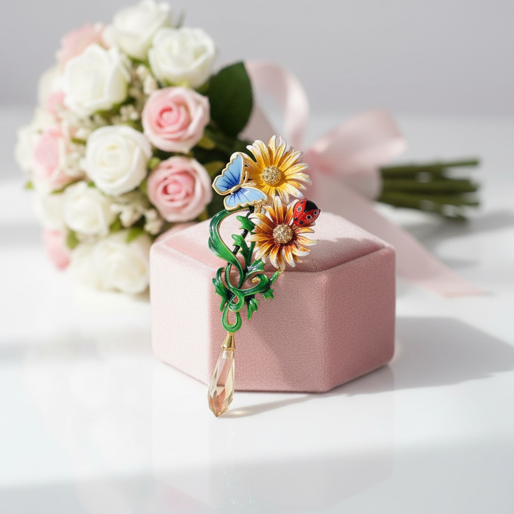 Enamel Flowers & Butterfly with Diamond Option Pendant-Black Diamonds New York