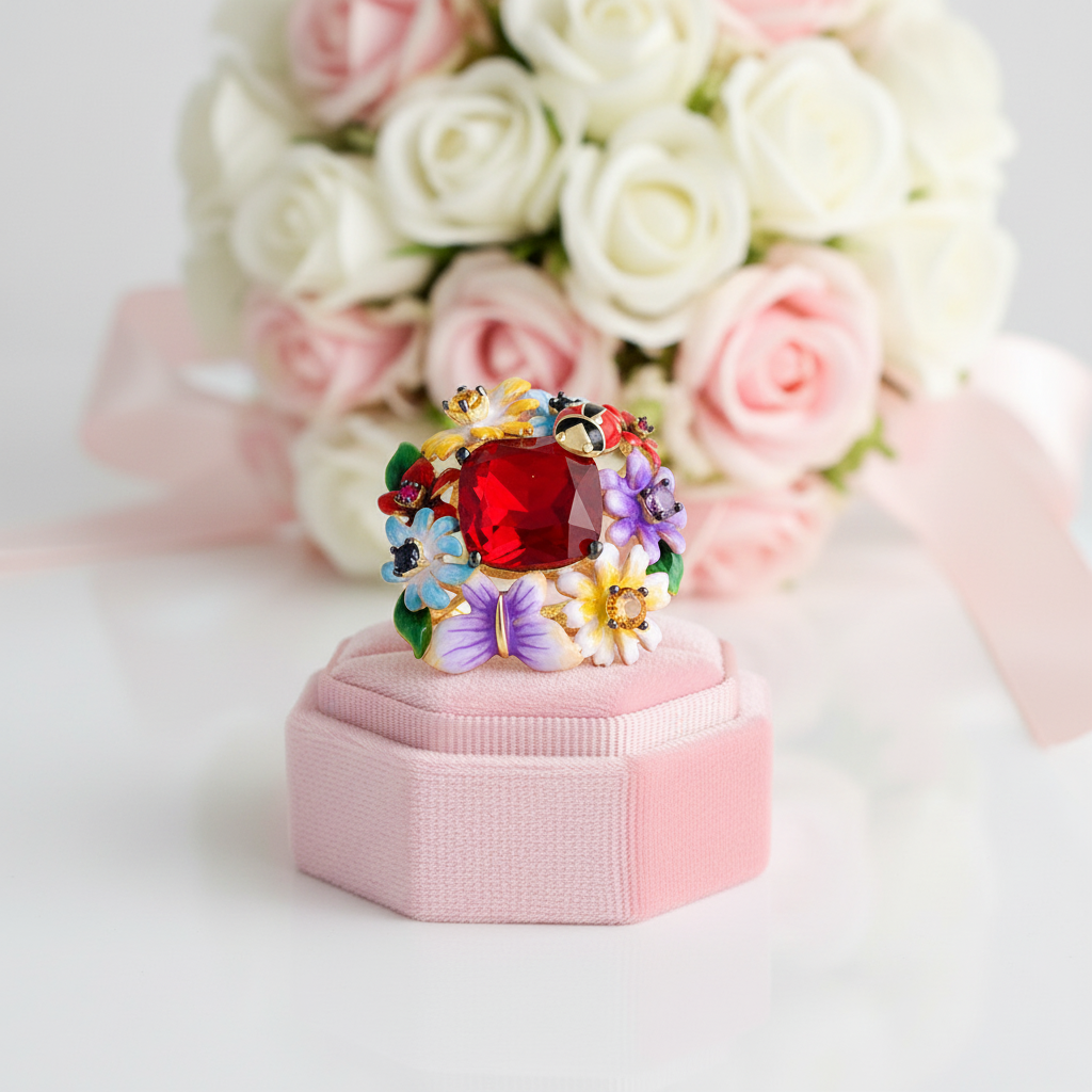 Enamel Flowers & Ladybug Ring-Black Diamonds New York