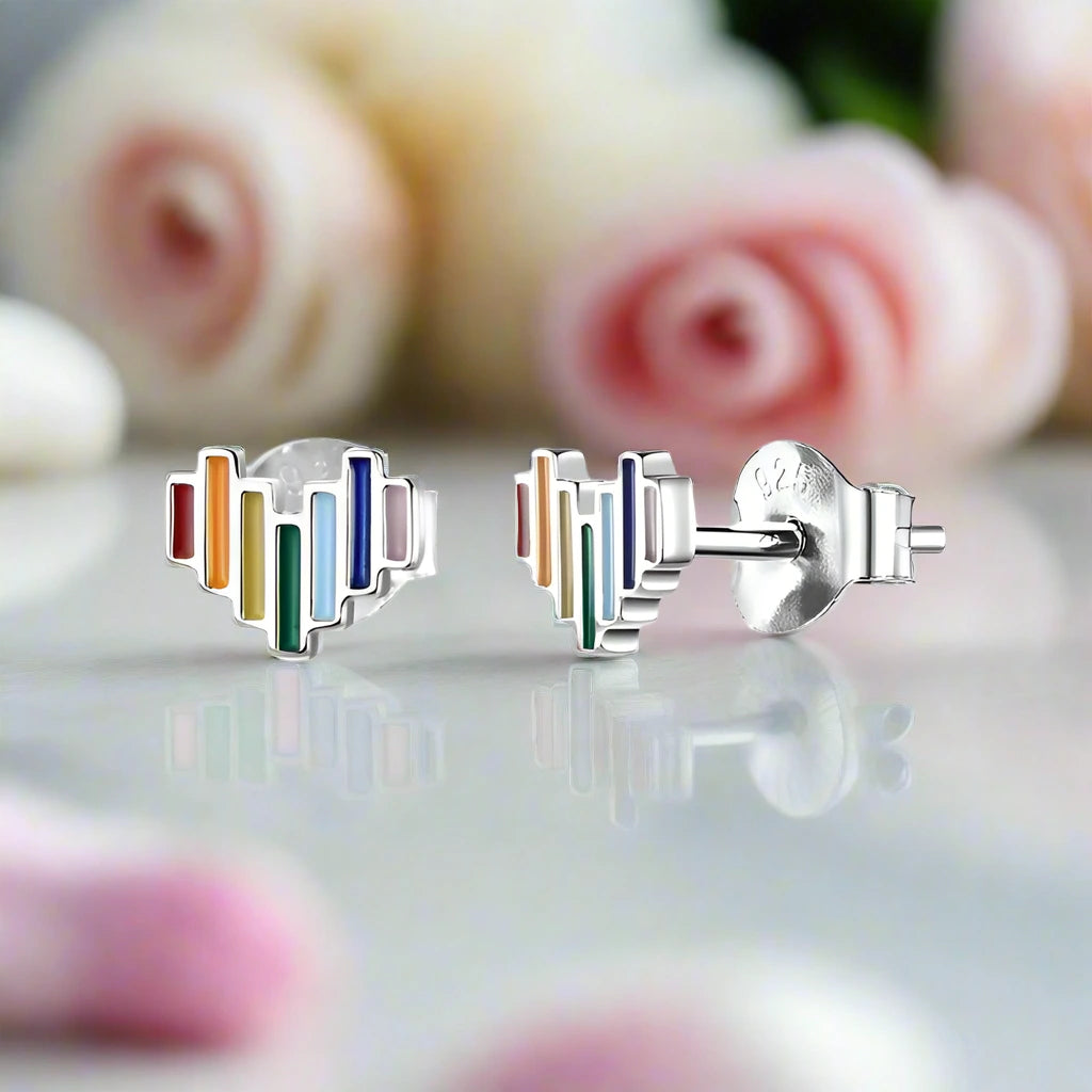 Enamel Rainbow Heart Stud Earrings-Black Diamonds New York