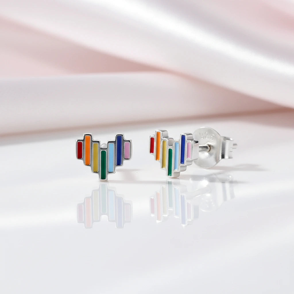 Enamel Rainbow Heart Stud Earrings-Black Diamonds New York