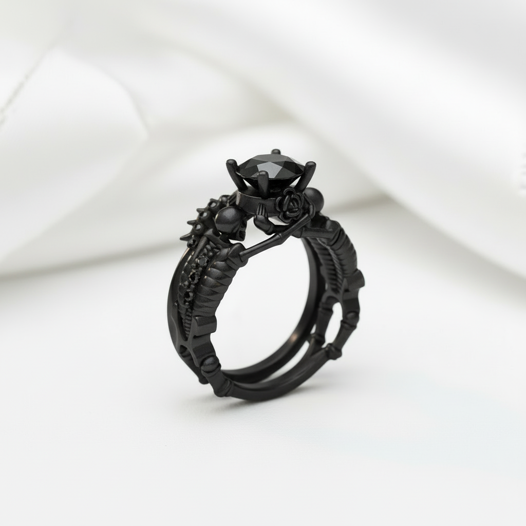 Eternal Adoration- 1.5 Carat Black Diamond Option Gothic Ring Set-Black Diamonds New York