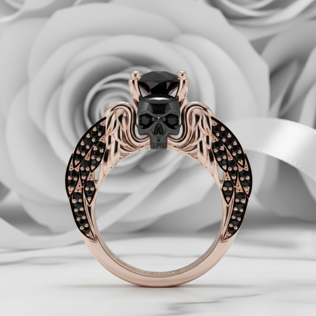 Eternal Love Rings- Round Cut Diamond Option Skull Engagement Ring in 14k White Gold-Black Diamonds New York