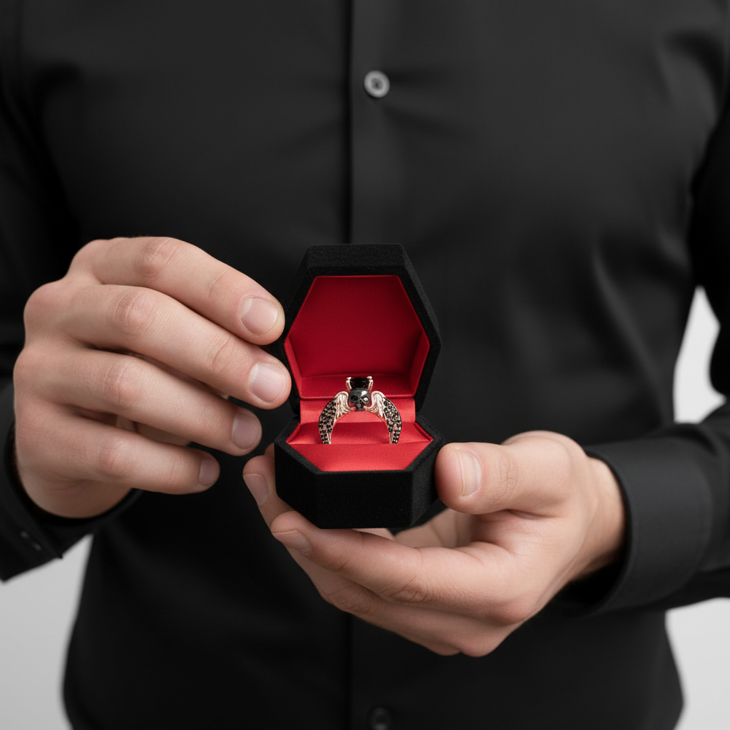 Eternal Love Rings- Round Cut Diamond Option Skull Engagement Ring in 14k White Gold-Black Diamonds New York