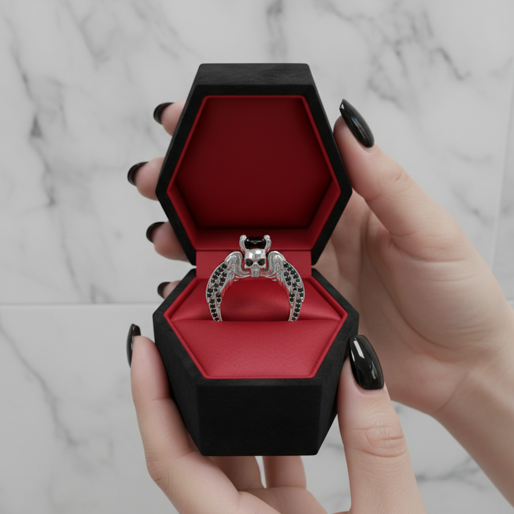 Eternal Love Rings- Round Cut Diamond Option Skull Engagement Ring in 14k White Gold-Black Diamonds New York