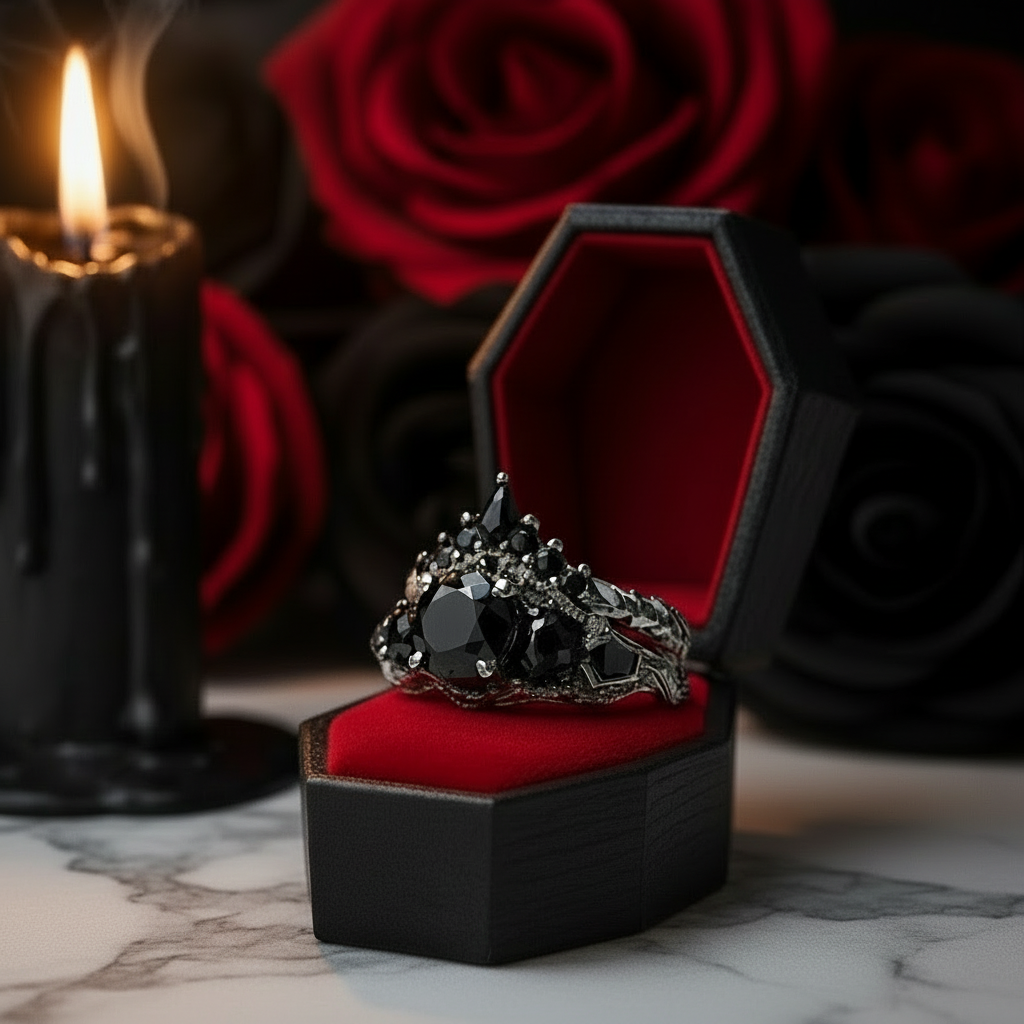 Eternal Flame- Round Cut Diamond Coffin Wedding Ring Set-Black Diamonds New York