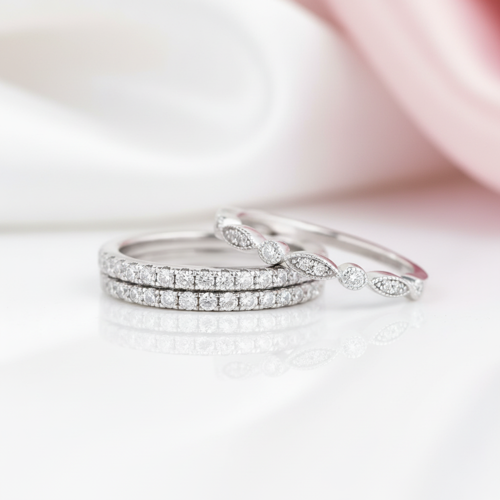 Eternity 3PC Stacking Wedding Band Set In White Gold Plated-Black Diamonds New York