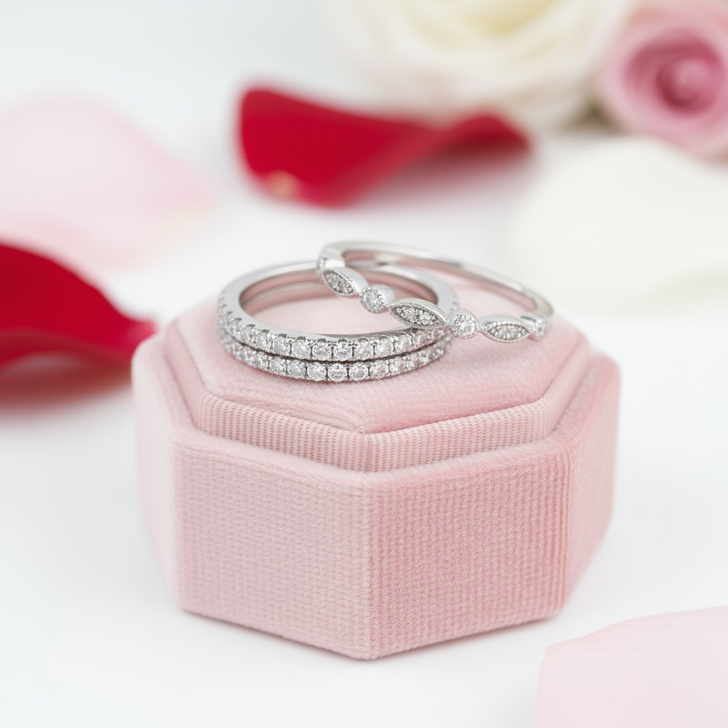 Eternity 3PC Stacking Wedding Band Set In White Gold Plated-Black Diamonds New York