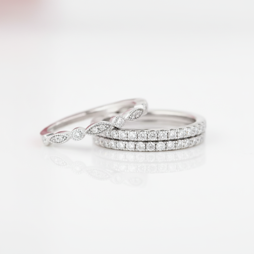 Eternity 3PC Stacking Wedding Band Set In White Gold Plated-Black Diamonds New York