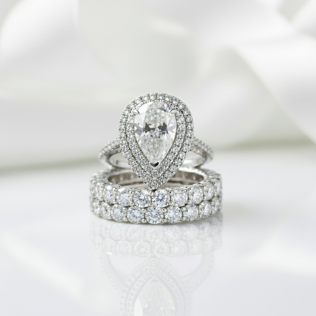 Eternity Double Halo Pear Cut 3-Pieces Wedding Set-Black Diamonds New York